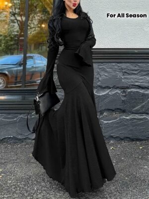 Women'S Streetwear Flared Sleeve Mermaid Dress - Solid Color Round Neck Asymmetrical Hem Bodycon Fit, All-Season Versatile Party & Casual Outfit, Elegant Tail Design for Night Out Casual Attire, Evening Wear, Flowing Silhouette, Quality Stitching, Stylish Outfit, Fashion Lovers, Night Out Outfit, Durable Material, Fashionforward Women