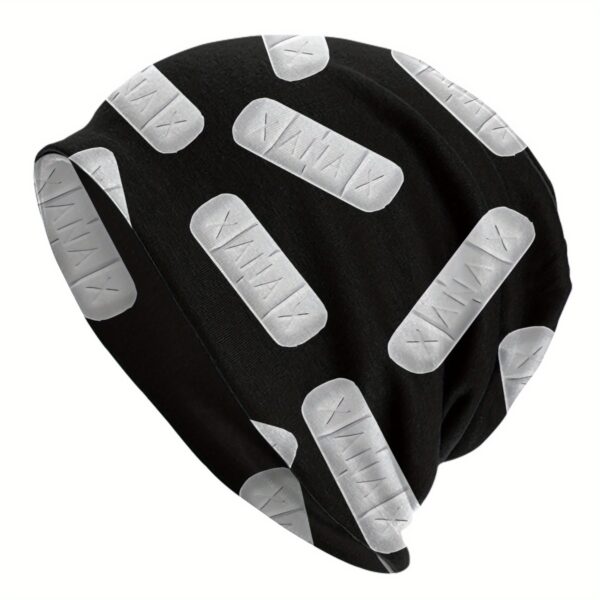 Xanax -1 Prescription Pill Design Beanie Hat (XANAX) - Black & White Caps - Lightweight Warm Winter Skull Cap for Men & Women - Skiing, Casual Outfits - Easy-Care Cold Weather Bonnet, Skiiing Accessory, Comfortable Headgear, Outdoor Headwear, Funky Style, Hand Washable, Skullies, Men's Fashion
