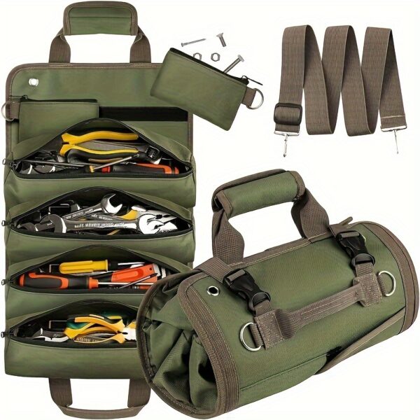 Heavy-Duty Rolling Tool Organizer Bag - Waterproof, Portable Storage Case with Multiple Compartments & Adjustable Shoulder Strap, Green Fabric Design for Electricians & Mechanics, Durable & Easy-Clean Tool Case, Tool Organizer Storage, Electrician Tool Bag, Functional Style, Sturdy Construction
