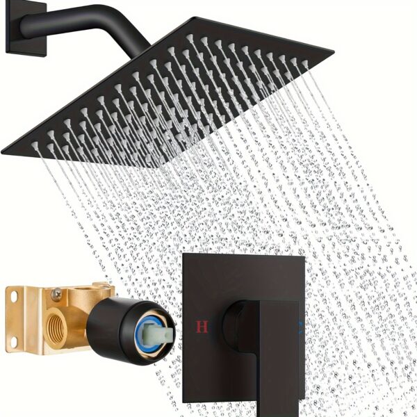 Bathroom Shower Faucet Set Wall Mount Shower Head And Handle Set Single Function Rain Shower System Single Handle Shower Trim Kit With Valve, Matte Black, 8 Inch Shower Head