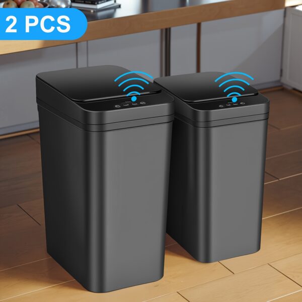 2-Pack Automatic Smart Trash Can with Lid - Touchless Motion Sensor, Remote Control, Quiet Closing Mechanism, 4 Gallon & 2.8 Gallon Capacity, with Low-Maintenance Sensor System, White Modern Design with Black Lid & Base for Bedroom, Office, Living Room - Ideal for Large Families, Compatible with Alexa & Assistant ( Required), Smart Trash Bin, Smart Trash Can Kitchen