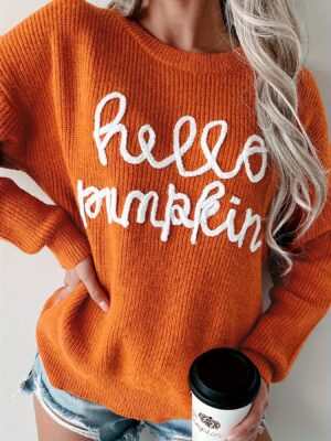 2c38919f-80ed-4e2b-ad59-5d5380fa89f5.jpg Women's Hello Pumpkin Graphic Sweater - Long Sleeve Round Neck Casual Pullover, Cozy Autumn Winter Top with White Lettering, Hand Wash/Dry Clean, Cute Sweater, Festive Seasonal Apparel, Quality Fabric
