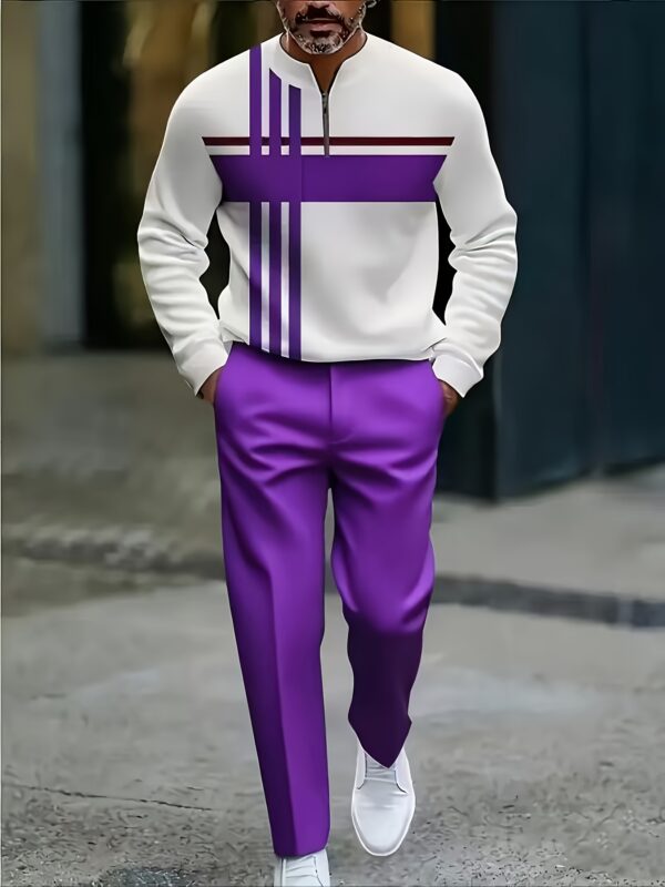 Two Piece Purple And White Contrasting Geometric Stripe Sports Suit: A Men's Sportswear with Eye-catching Purple And White Blocks And Geometric Stripe Design Featuring A Zipper Stand Up Collar, Which Is A Must-have for Fashionable And Avant-garde Men, Gym Outfit, Training Gear, Modern Athletic Look, Purple White Contrast, Digital Print Fabric, Machine Washable Activewear, Fashion Forward Men, Style Conscious Athletes, Casual Sports Events, Fitness Activities