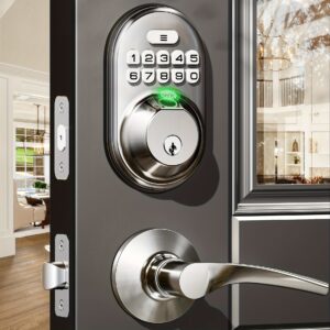 Keyless Entry Door Lock Set with Fingerprint Unlock, Electronic Keypad, Auto-Lock Deadbolt - Heavy-Duty Lever Handle, for Front/Back Doors, Homes, Offices, Hotels - Compatible with American Standard Door Prep