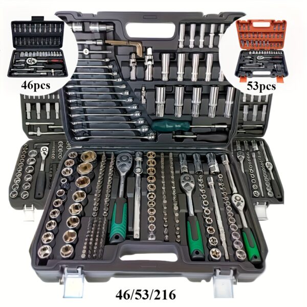 216pcs, 53pieces And 46pcs Of High-quality Professional Tool Kits, Mechanical Tool Kits Specially Designed For Car Maintenance, And Include 1/ 4 Inch Wrench Barrels Along With Ratchet Wrench Sets With Sockets And Extension Rods, Household Use