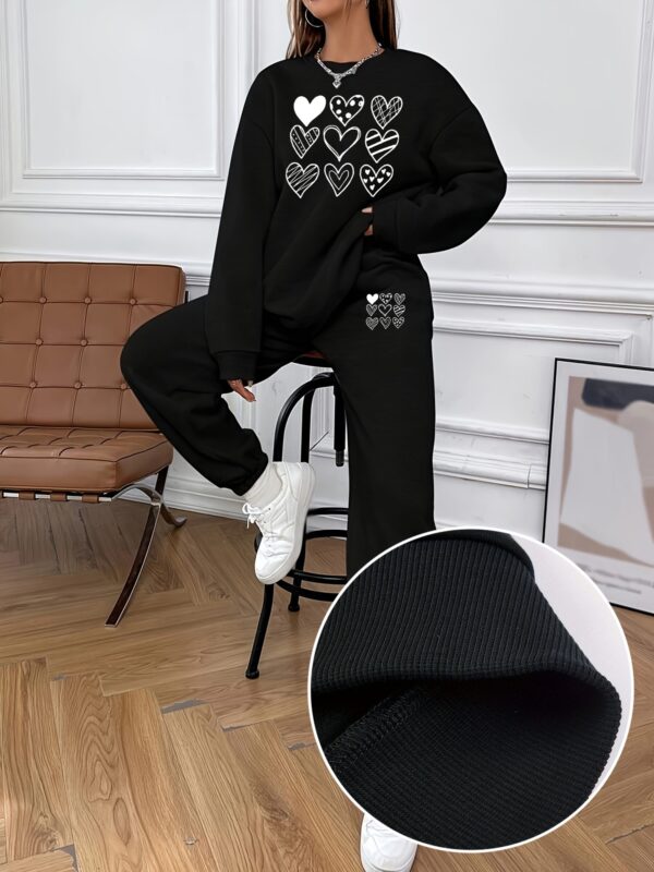 Women's Heart Print Casual Sweatsuit Set - Polyester Long Sleeve Crew Neck Sweatshirt with Pockets & Knit Fabric Jogger Pants Two-Piece Outfit for Fall/Winter