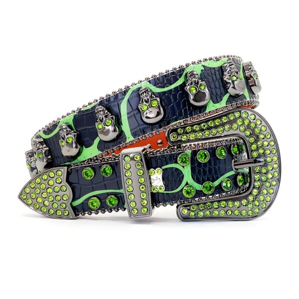 GGSIMON Luxury Rhinestone Skull Belt - Vintage Punk Style with Sparkling Green & Blue Crystals, Carved Alloy Buckle, Faux Leather for Men and Women, Hip Hop Cowboy Jeans Accessory