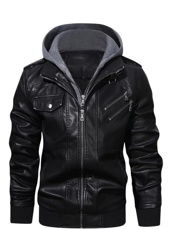Men's Vintage Bomber Jacket - PU Leather Motorcycle Coat Waterproof Windproof Anti-Tear with Removable Hood, Zipper Closure & Machine Washable - Black Casual Outdoor Riding Jacket for Men & Teens, Durable Zipper Closure