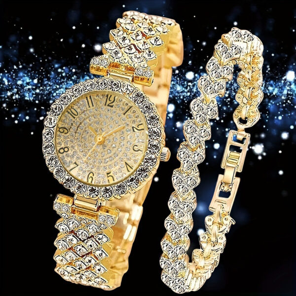 2da2dae9a59b4c66a4eba1ec44601a2c-goods.jpeg 2pcs Luxury Watch and Interlocking Link Bracelet Set - Women's & Men's Elegant Jewelry Watch with Clear Bezel, Golden-Tone Dial - Perfect Christmas, Birthday, Anniversary Gift - No Box Needed - Everyday & Formal Jewelry Set for Women & Men - Ideal for Valentine's, Mother's Day - Luxury Watch Collection