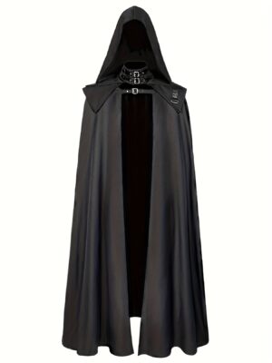 Men'S Gothic Medieval Hooded Cloak - Long Black Wizard & Demon Halloween Costume with Adjustable Straps, Loose Fit for Cosplay, LARP, or Themed Parties, Goth Accessories, Street Style, Solid Color, Non-Stretch Fabri