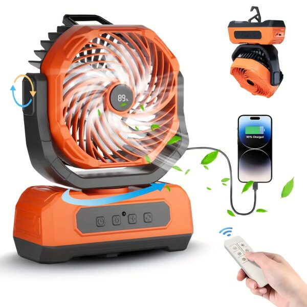 Portable Rechargeable Camping Fan, Camping Battery Powered Fan Remote Control, 270° & 90° Rotation Bedroom Fan, Trekking Camping With 4 Color LED Lanterns, Outdoor Camping Variable 4 Speed Fan Light With Hook For Tent, Power Outage, Construction Site