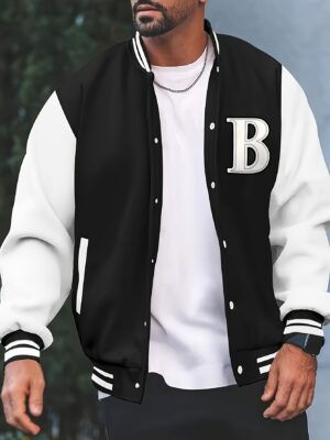 2f021a83-a769-4009-b648-3b4bc50f63b8.jpg Men's Casual Baseball Jacket with Contrast Black & White Design, Fleece-Lined Winter Coat, Button-Up Front, Ribbed Cuffs & Waistband, Machine Washable Polyester for Fall/Winter Outerwear, Fall Fashion, Sports Coat, Sporty Look, Ribbed Detailing, Fleecelined Comfort