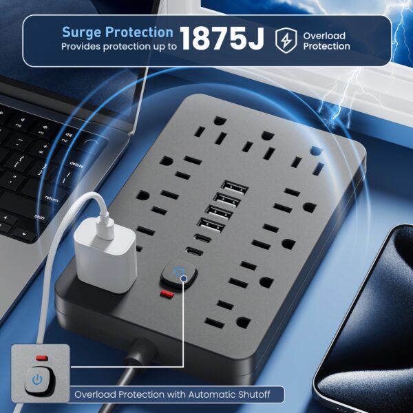 1pcWith 11 Individual Power Outlets, 5ft/10ft, 4 USB and 2 USB-C Ports, Flat Plug, Wall Mountable, Overload Protected Power Hub for Home, Office, Awesome Christmas, New Year's and birthday gifts!
