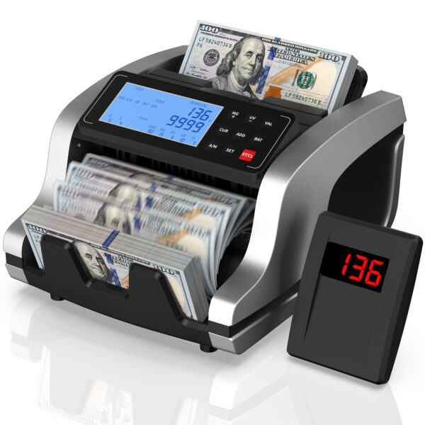 Money Counter Machine with Value Bill Count, UV/MG/IR/MT/DD Counterfeit Detection for Dollar Euro Cash, Bill Counter Machine with Count/Add/Batch/Auto Modes, External LCD Display