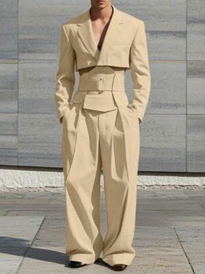 [Men's Blazer & Trousers Set] INCERUN Men's Lapel Long Sleeve Crop Blazer & High Waist Adjustable Buckle Trousers Set - Simple Street Hippy Thin Pants