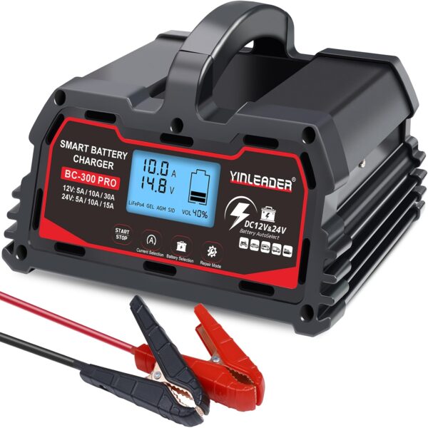 Battery Charger 30A, 12V/24V Lead-Acid Battery, 12V LiFePO4 Car Battery Trickle Charger, Automatic Battery Maintainer for Car Motorcycle Lawn Mower Marine Boat Lead Acid Batteries