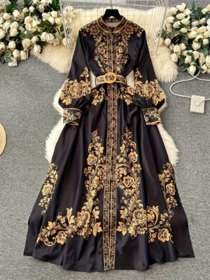 [Retro Dress] Autumn Retro Women's Long Sleeve Ethnic Print Dress with Belt m186