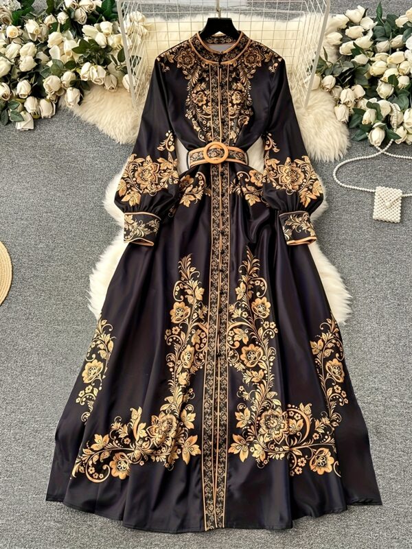 [Retro Dress] Autumn Retro Women's Long Sleeve Ethnic Print Dress with Belt m186