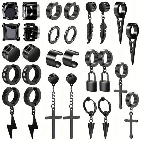 1 Set Of 28pcs Punk Style Black Earrings, Stainless Steel Magnetic Men's And Women's Clip Earrings, Non Perforated Earrings, Unisex Version