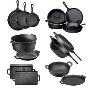 Cast Iron Cookware Set, 6-inch/8-inch/10 Inch Frying Pan, 10.24-inch X6.72-inch Dutch Oven, Two 20.5-inch X10.5-inch Grills, Heavy-duty Kitchen And Camping Kit, Compatible with Induction And Open Fire Sources, Rust Proof And Non Stick Surface, Induction Cookware, Outdoor Cooking, Traditional Griddles, Heavyduty Skillet, Rustproof Surface, Durable Construction, Grill Skillets, Cast Iron Pans, Cooking Hobbyists, Campers And Hikers