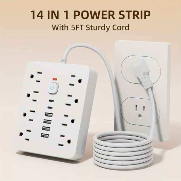 14-in-1 Surge Protector Power Strip with 8 AC Outlets, 4 USB-A & 2 USB-C Ports, 5ft Heavy-Duty Cord, Overload Protection & Energy Saving - Compact Design for Home Office Kitchen Bedroom (Black), Electronic Device Charging Station, Organized Device Charging, Versatile Connectivity, Spacesaving Solution, Highquality Materials, Gadget Users