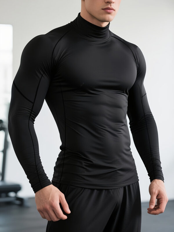 Men's Quick-Dry Stretch Fitness Shirt- High Neck Long Sleeve Workout Top, Tight-Fit Gym& Boxing Shirt for All Seasons, Moisture-Wicking Athletic Performance Apparel, Gym Clothes, Training Top, Sporty Look, Stretchy Fabric, Activewear Top Active Men