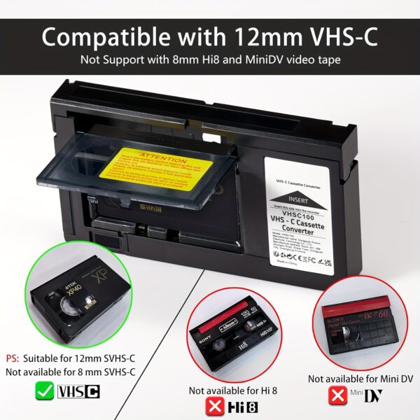 VHS-C To VHS Motorized Cassette Adapter - Tape Converter For Playback On Standard VHS Players. For JVC C-P7U CP6BKU C-P6U Panasonic PV-P1 VCA115 (Not Compatible With Hi8, 8mm, Or Mini DV Tapes)