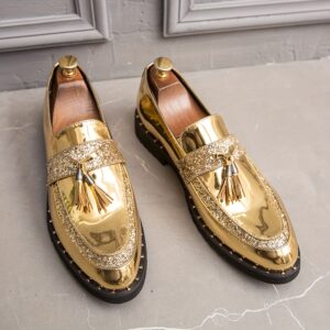 Men's Golden Glossy Loafers with Design – Stylish Slip-On Casual & Business Shoes, Low-Top, Rubber Sole, Perfect for Casual Attire and Office Settings, Everyday Shoes | Stylish Office Shoes | Shoes