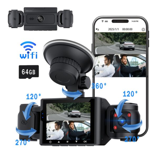 360° Wifi 3-Channel Dash Camera for Vehicles, Featuring 1080P Front And 720P Left And Right Cameras with Night Vision, WDR, Optional 64GB Memory Card, 2.4" IPS Display, Loop Recording, G-Sensor, And 24-Hour Parking Mode.