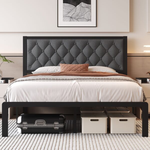 Modern Fabric Upholstered Bed Frame With Headboard - All Metal Slats Support Platform Bed Frame With Storage Space, Easy Assembly, Noise Free, No Box Spring Needed - For Adults - Suitable for Bedroom - Perfect Gift for Housewarming