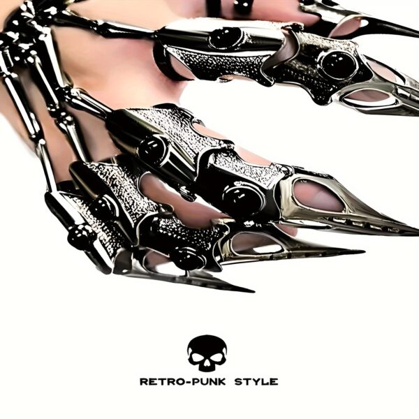 340f6e49c70f420eb4040914d3e9342c-goods.jpeg Adjustable sci-fi mechanical glove set, unique mechanical design, claw ring and bone structure, silver and black color classic fashion, suitable for party decoration, gift for both men and women, metal material, no feathers, finger joints, suitable f