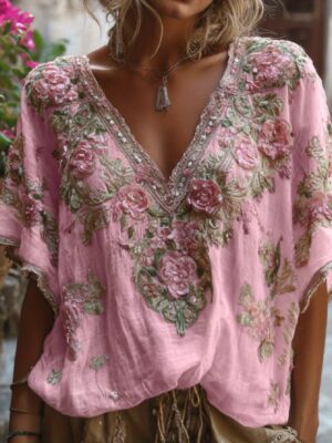 Plus Size, Women's Plus Size Vintage Boho Beige & Brown V-Neck Blouse - Elegant Loose Fit Maxi Length Tunic Top with Intricate Lace-like Sleeve Edges, All-Season Casual & Formal Wear, Hand Washable Statement Piece for Layering or Solo Outfits, Plus Size Women Tops, Halloween Costume Women Plus Size, Plus Size Women Clothes, Christmas Plus Size Women Clothes, Halloween Plus Size Women, Plus Size Women Clothing, Plus Size Women T Shirts, Curvy Plus Size Women Clothing,