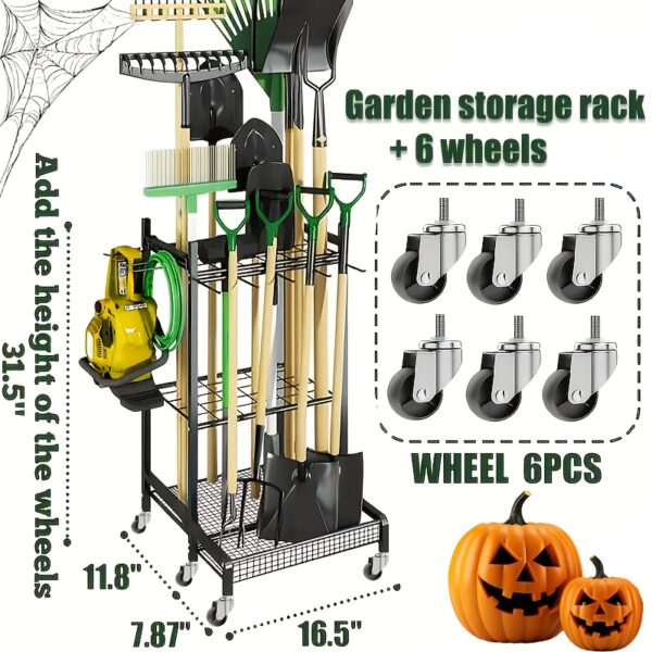 34dd1758-9389-419b-8dd1-0b909e6f2060.jpg Garden Tool Organizer with Wheels, Yard Tool Tower Rack for Garage Organization And Storage, Long-Handled Tools/Rakes/Brooms, Heavy Duty Steel Garden Tool Stand for Shed, Fall Decorations, Halloween Decor