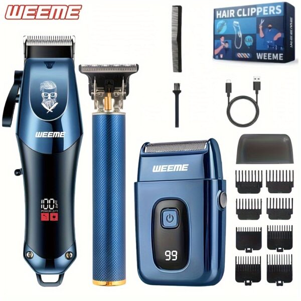 WEEME Men's Grooming&Shaving Kit 1/2/3pcs Set, Golden Blue Hair Clippers, USB Rechargeable, 8 Guide Combs, Trimmer And Shaver, with Cleaning Brushes And Comb, Gift for Men.Blue/Golden Two-Pieces, Shaving Trimmer For Men, Body Shaver For Private Parts, Beard Trimmer For Men High Quality, Grooming Kit, Shaver For Men Back, Barber Equipment, Shaver For Women Private Area, Mens Grooming Trimmer, Groin Shaver For Men, Razor For Men