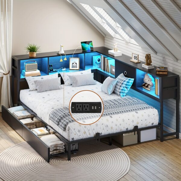 Full Size Corner Bed Frame with Bookcase Storage And LED Lights, Metal Platform Bed Frame with Storage Drawers And Charging Station, Full Size Sofa Bed for Living Room, Bedroom, Guest Room, Black, Decorative Foldable Single Metal Iron Bed Modern New Design Metal Day Bed Living Room Sofa Bed, Spacesaving Furniture, Multifunctional Bed, Contemporary Bedroom Furniture, Urban Living Solutions, Guest Room Essentials