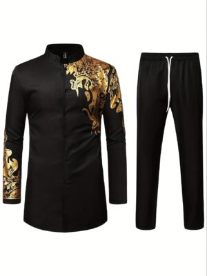 3678ff96-b4c8-4f79-9c5f-0e4285cfe462.jpg Men'S African Two-Piece Long-Sleeve Golden Print Traditional Waist-Tied Shirt And Pants Set, Ethnic Dashiki Outfit.