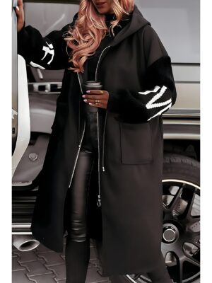 New [Casual Hooded Coat] All-Season Women'S Casual Hooded Coat | Black & White Letter Pattern, Structured Fit, Machine Washable Outerwear, Versatile Fashion, Elastic-Free Fabric