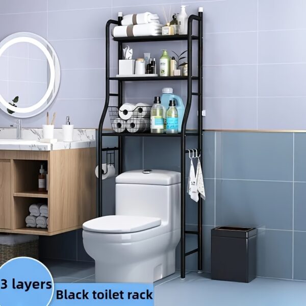 3-Tier Over The Toilet Storage, 1pc Space Saver Metal Bathroom Shelves, Freestanding Above Over Toilet Storage Shelf with Hooks for Bathroom, Black, White, Washing Machine Overhead Shelf