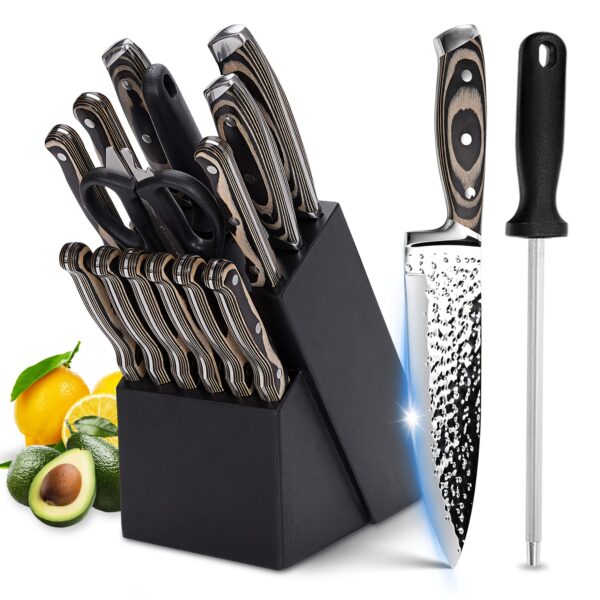374b6eba-7f03-43f5-80a7-2db6d4cae0ee.jpg Kitchen Knife Set, 15pcs Knife Set With Block Wooden, Self Sharpening For Chef Knife Set, Medium Carbon Stainless Steel Hammered Collection Knife Block Set With Steak Knives, Boxed Knife Set, Black/Wooden