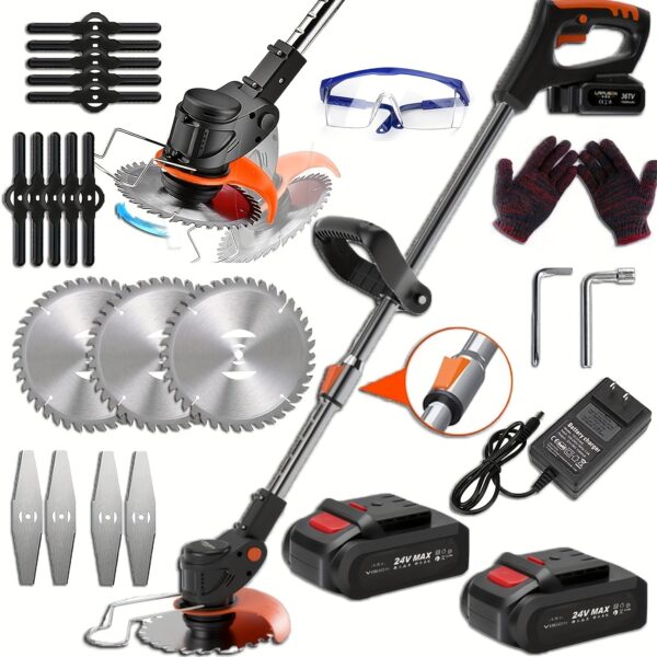 Weed Wacker 24V Brush Cutter, Electric Weed Wacker Cordless String Trimmer With 2 Batteries, Charger, 3 Types Blades, Weed Wacker Battery Powered, Lightweight Battery Weed Wacker