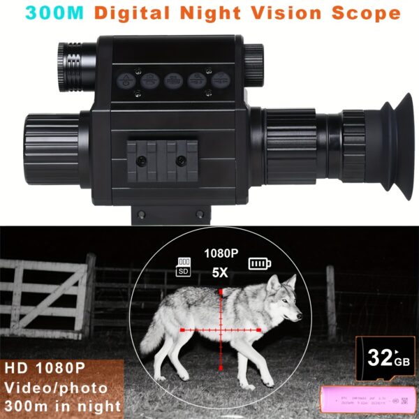 Digital Night Vision Scope For Hunting Infrared Riflescope Monocular 5X Zoom Built-in Reticle With 32GB TF Card & Battery HD 1080P Video Recording Camera For Hunting, Camping And Wild Adventure