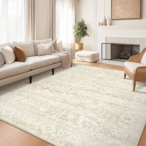 8x10 Area Rugs for Living Room, Washable Rugs for Dining Room, Kitchen, Floral Vintage Non-Slip Thin Large Beige Mat