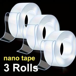3 Rolls Heavy-Duty Nano Double-Sided Tape - Reusable, Scratch-Free, Washable Strong Adhesive Strips - Waterproof, Holds 2.2lbs+ - for Home, Office, Car, Valentine’s Day Decor on Plastic/Glass/Metal Surfaces, Car Mounting | Shiny Reflective Surface