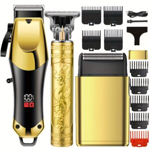 Golden Hair Clipper for Men Aluminum Foil Shaver and Beard Trimmer Men's Beauty Set, Multifunctional Hair Clipper, Shaving and Trimming Set, Holiday Gift for Him, Father's Day Gift, Body Groomer for Men, Shaver for Men High Quality, Head Shavers, Grooming Kit for Men, Clean Shaver for Men, Beard Trimming Kit, Sleek Design, Ergonomic Handle, Smooth Shaving, Longlasting Battery, Grooming Tool, Men's Grooming, Barber Tools