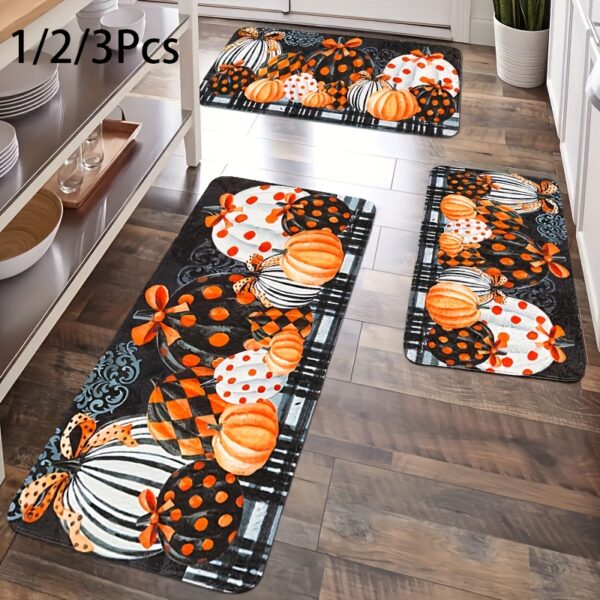 1/2/3pcs Thanksgiving Farmhouse Kitchen Mat Set, Fall Pumpkin Gift Design, Flannel Non-Slip Runner Rug For Kitchen Sink, Bedroom, Living Room, Entryway, Holiday Decor
