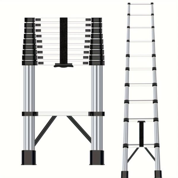 12.5 Feet Heavy-Duty Telescopic Extension Ladder -10 Steps, Foldable, Portable, Single-Sided, Versatile, And Sturdy For Home And Outdoor Work - Collapsible And Space-Saving Design