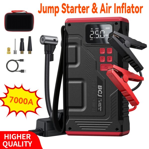 Portable Car Jump Starter with Air Compressor 7000A Jump Starter & Air InflatorPeak(9.0L Gas, 8.0L Diesel) with 150 PSI Tire Inflator, 12V Car Battery Jump Power,, Car Battery Jump Starter, Car Battery Charger, Battery Charger for Vehicles