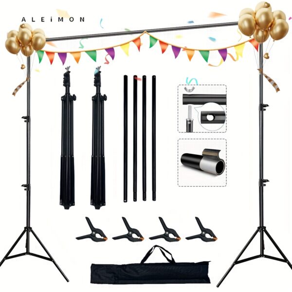 High Quality Professional Background Stand 10x7 Ft (W X H) Photo Studio Adjustable Metal Background Stand, Balloon Arch Support Kit, With 4 Cross Bars, 4 Background Clips, Party Wedding Event Decoration
