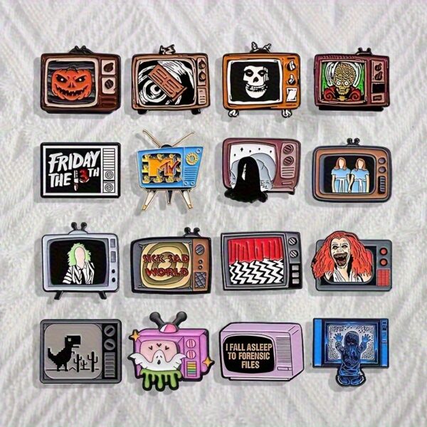 [Retro Pin Badge Set] 16pcs Retro Acrylic Pin Badge Set - Halloween, Horror & Pop Culture Designs | Vintage Enamel Pins for Clothing, Backpacks & Gifts | Casual Style Halloween Accessories
