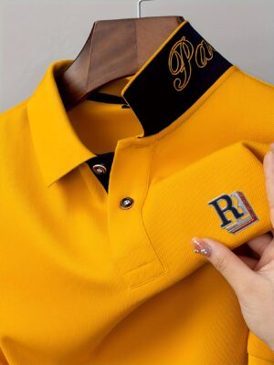 Men'S Stylish Red & Black Polo Shirt with "R" Logo - Short Sleeve, Ribbed Collar, Geometric Print, Casual Summer Wear, Regular Fit, Polyester Blend, Machine Washable, Summer Casual Wear | Ribbed Collar Shirt | Polyester Blend Shirt, Polo Shirt Men High Quality, Men Polo Shirt, Men Clothe, Men Shirt